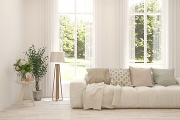 White living room with sofa and summer landscape in window. Scandinavian interior design. 3D illustration