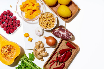 Flat lay with various ingredients for cooking a healthy meal