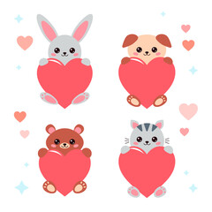 Kawaii Saint Valentine day animals with heart. Cute cartoon vector characters - dog, bear, bunny and cat.