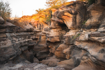 Khari river George canyon against clear blue sky at Kutch, Gujarat, India. Naturally carved rock by river water flow