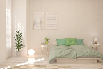 Naklejka premium White bedroom interior. Scandinavian design. 3D illustration