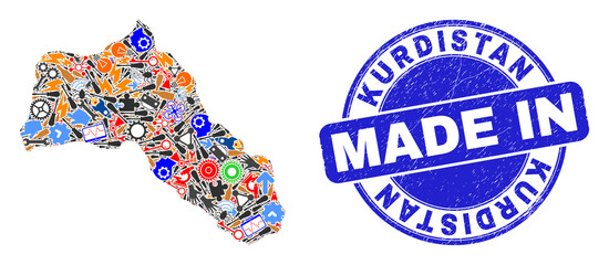 Component mosaic Kurdistan map and MADE IN grunge stamp. Kurdistan map collage formed with spanners,wheel,instruments,components,cars,electricity strikes,rockets.