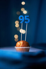 Birthday cake or muffin with ninety five (95) number and blurred lights on the blue background....