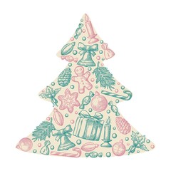 Set holiday objects in fir tree shape.