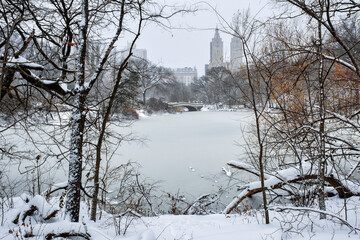 New York City - USA - Dec 17 2020: Winter Morning Snow Storm Hits Central Park New York City