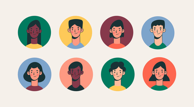 Heads And Necks Of Boys And Girls. Various Haircuts. Young Men And Women. Colorful Characters. People Avatars. Hand Drawn Set Of Round Vector Icons. Cartoon Style. Social Media Concept