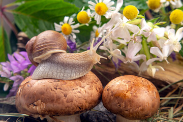 grape snail is actively crawling in nature. mollusc and invertebrate. delicacy meat and gourmet food.