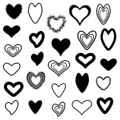 Set of vector templates of hearts in black. Silhouettes and outlines.