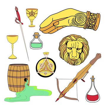 Magic stickers. Wild fire, crossbow, old scroll. The head of a golden lion and the sign of the right hand. Great house symbols collection.