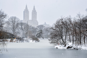 New York City - USA - Dec 17 2020: Winter Morning Snow Storm Hits Central Park New York City