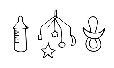 Vector illustration with kids toys, rattle, feeding bottle. Set of hand drawn icons and symbols for print, poster, sticker, card design. Doodle design elements. 