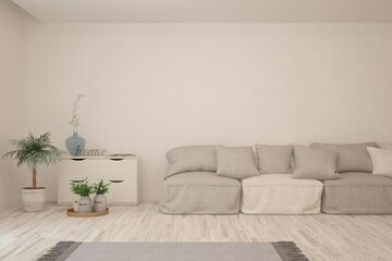 White living room with sofa. Scandinavian interior design. 3D illustration