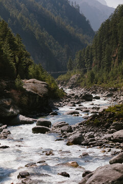 Magnificent scenery of narrow shallow creek flowing among high mountains covered with green woods in sunny day