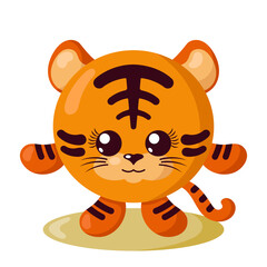 Funny cute kawaii tiger with round body in flat design with shadows. Isolated animal vector illustration	