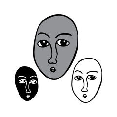 Isolated black and white vector illustration set of abstract lined cubist faces