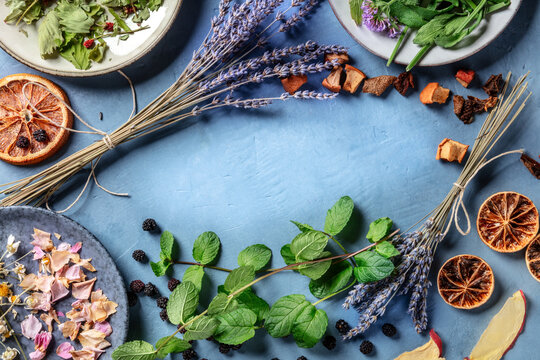 Herbal tea, natural, organic, and healthy ingredients, forming a frame for copy space