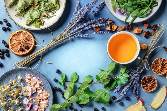 Herbal tea, natural, organic, and healthy, a cup with an assortment of ingredients, herbs, flowers, and fruits, shot from above with copy space