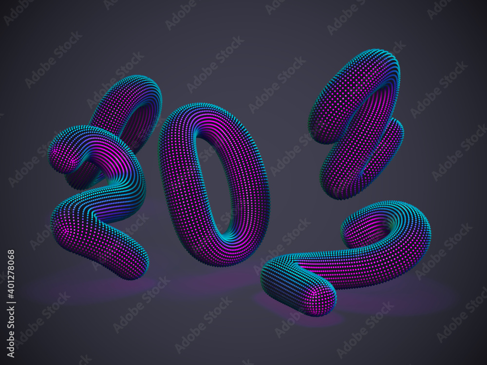 Poster scattered 3d neon numbers on gray background. floating digital numbers made of bright glowing dots. 