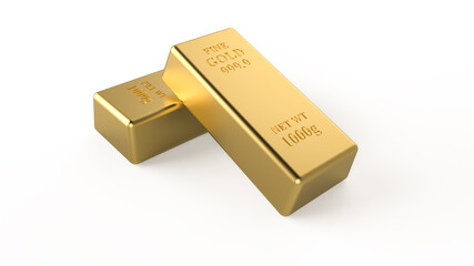 3D rendering gold bars on white background.	Stock image.