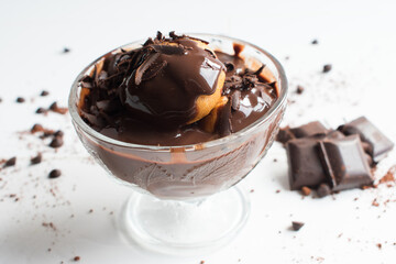 Delicious profiteroles with chocolate sauce and vanilla cream.