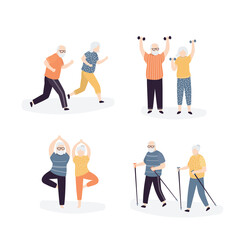 Set of old people doing sports exercises. Elderly couple running, walking and doing yoga poses. Outdoor fitness for grandparents.