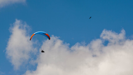 Paraglider flying far in the sky