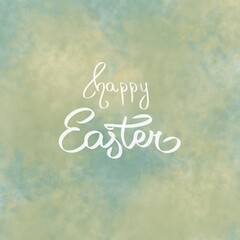 Happy Easter illustration brush hand lettering on green background. Holiday greeting card or postcard. Cute sign sweet lettered quote. Modern calligraphy. Template for invitation.