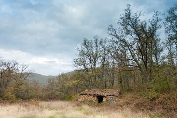 Old stone house in midle of the forest, in ruins, in the Jerte Valley