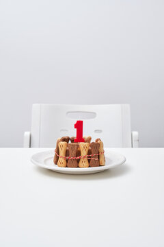 Delicious homemade birthday cake made of bone cookies for dogs and decorated with candle placed on table in apartment