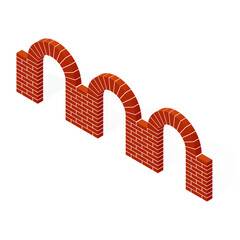 Red brick arches isolated on a white background, Vector illustration. 3D masonry icon in isometric view. Colorful isometric stone architectural arches in flat style. Cartoon isometric vector illustrat