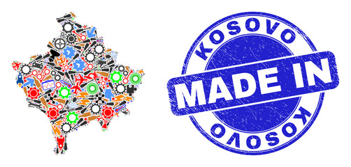 Engineering Kosovo map mosaic and MADE IN textured rubber stamp. Kosovo map mosaic formed from wrenches,wheels,instruments,elements,transports,electricity strikes,details.