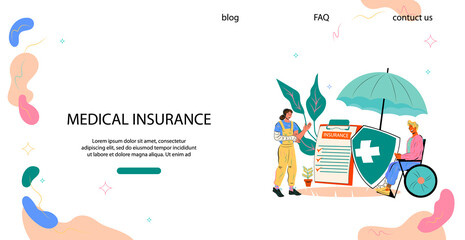 Medical insurance plan in case of injury or disability. Website banner design with injured people next to clipboard with insurance policy, flat cartoon vector illustration.
