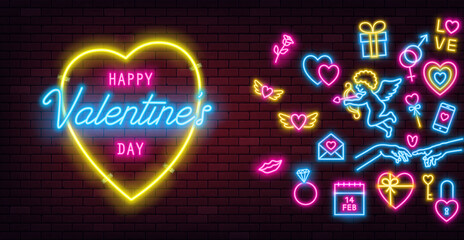 Valentine's Day neon sign on dark brick wall background and glowing neon signs. Horizontal banner, flyer, poster, greeting card or neon background for Love and Valentine's day concept.