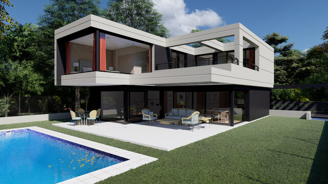 Exterior of contemporary house with geometric design and swimming pool in green yard with tropical plants