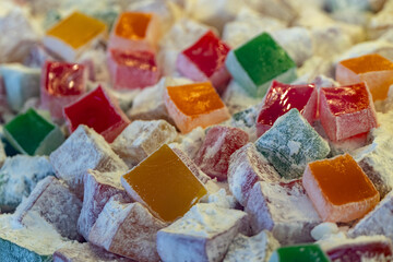 Traditional lokum sweet dessert turkish delights, pastry with different flavours