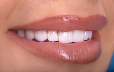 Perfect Close Up Sensual beautiful sexy Seductive Pink  Lips woman smile with tongue . White Teeth...