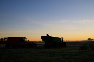 Silhouette of combine harvester on the field in the morning