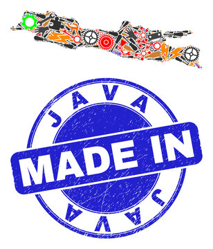 Service Java Island map mosaic and MADE IN scratched rubber stamp. Java Island map collage designed from wrenches,wheel,instruments,elements,transports,electricity sparks,details.