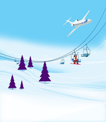 Winter vacation at the ski resort. Ski slope with ski lifts and Christmas trees on a blue sky background. A passenger airliner in a bend. Illustration