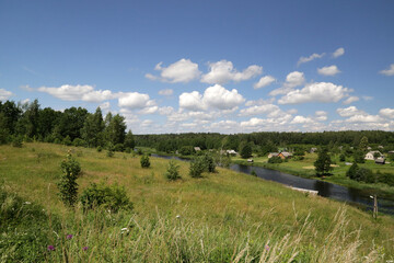 Fototapeta premium Summer, landscape with a flowering meadow and a view of the village on the opposite bank of the river