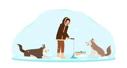 Eskimo wearing traditional clothes fishing wth dogs around. Alaska man pulling out fish on snow background. Flat cartoon vector illustration - obrazy, fototapety, plakaty