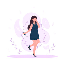 Girl listening to music and dancing on the go. Female character on the street. Concept of listening to favourite music that makes you want to dance. Flat cartoon vector illustration