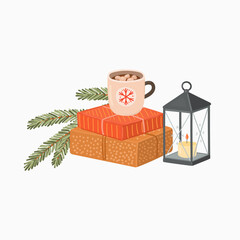 Christmas hand drawn vector illustration with presents, lantern, cocoa mug with marshmallows, spruce branch. Cute winter holiday clipart