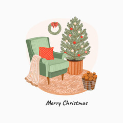 Winter and Christmas home interior vector illustration. Greeting card with Christmas tree, armchair, firewood