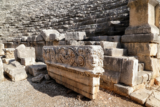Demre, Turkey - 10/25/2020: Ruins of an ancient theater at the excavations of the Lycian city of Myra.