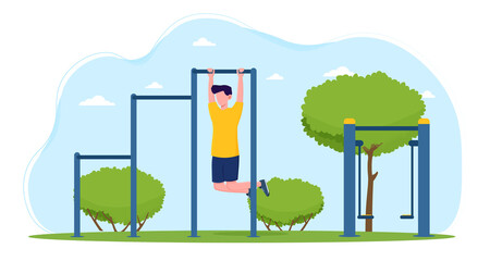 Male character is training outdoors in th park. Concept of outdoors workout in the summer instead of training at the gym. Flat cartoon vector illustration © Rudzhan