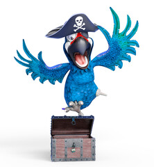 parrot pirate is jumping on treasure chest