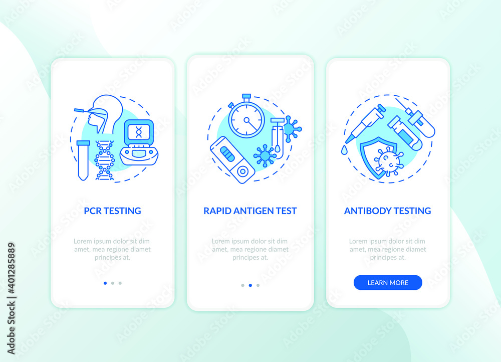 Poster covid testing types onboarding mobile app page screen with concepts. antigen, antibody testing walkt