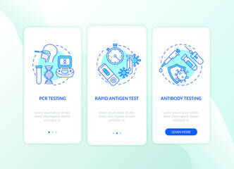 Covid testing types onboarding mobile app page screen with concepts. Antigen, antibody testing walkthrough 3 steps graphic instructions. UI vector template with RGB color illustrations
