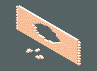 Isometric vector icon of broken white brick barrier. A vector illustration of a hole in a brick firewall. Cracked yellow brick wall isolated on gray background. Pile of bricks. 3D. Vector illustration